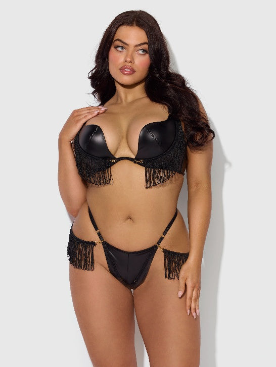 Faux Leather & Fringe Push Up Bra & Thong Set